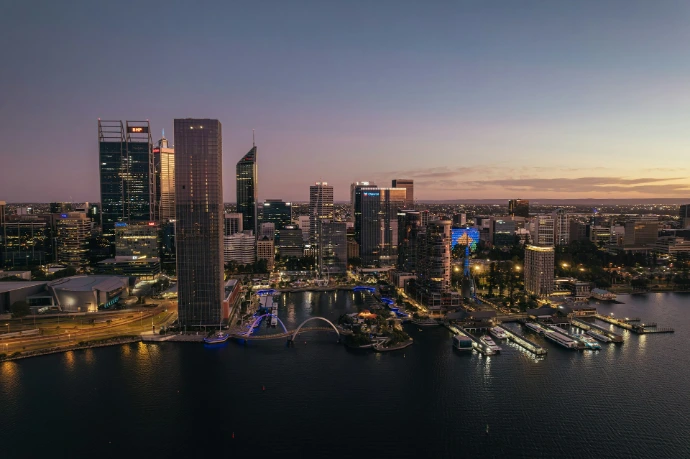City skyline glows at dusk