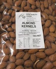 [nuts-almondW] Almond Kernels Whole SKIN ON 1kg Bag Evoo QF