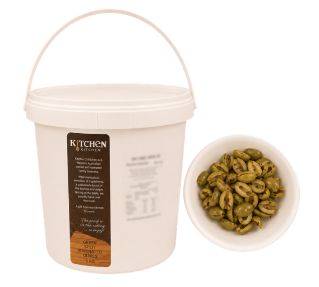 [olives-greensplitK2K10kg] Olives Green Halved / Split Locally Produced 10kg Tub K2K