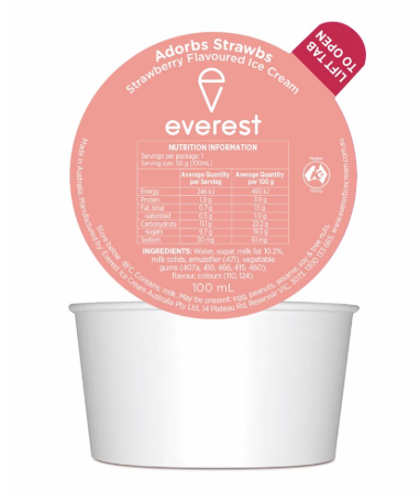 [strawberry-dixies100mL] Ice Cream Strawberry Dixie Cups GF 24 x 100mL CARTON Everest