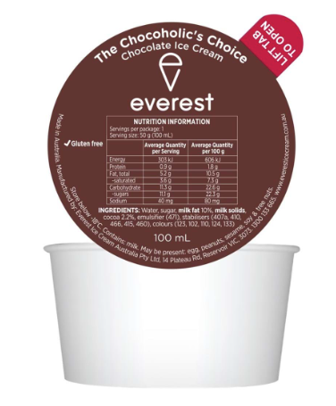 [chocolate-dixies100mL] Ice Cream Chocolate Dixie Cups GF 24 x 100mL CARTON Everest