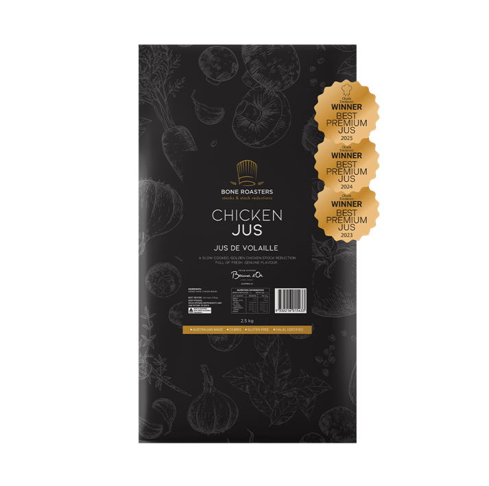 Chicken Jus 10kg 25 Brix (4 x 2.5kg Bags) Carton Bone Roasters