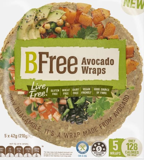 [wrap-avocado210g] Avocado Wraps GF & Vegan (5 x 42g) 210g Packet Frozen BFree