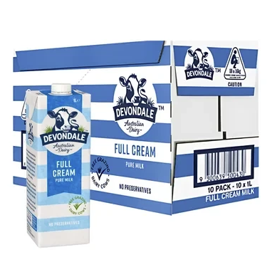 Milk Full Cream Long Life UHT 10 x 1L CARTON Devondale