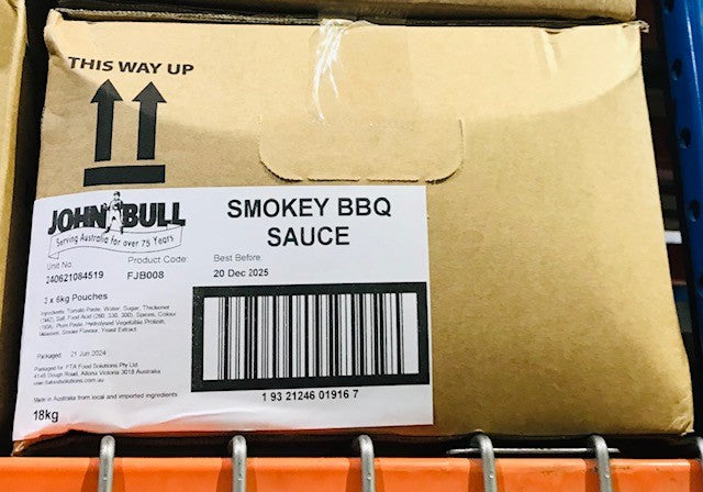 [sauce-bbqJB] Barbecue Sauce Smokey 3 x 6kg bags (bladders) Carton John Bull