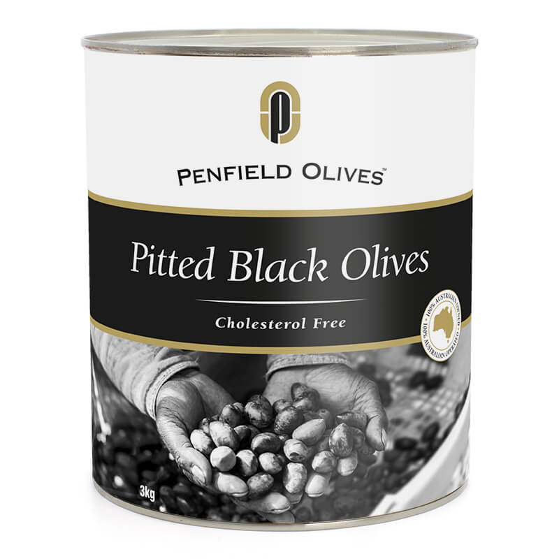 [olive-penfields3kg] Black Pitted Olives A10 Tin Penfield Olives