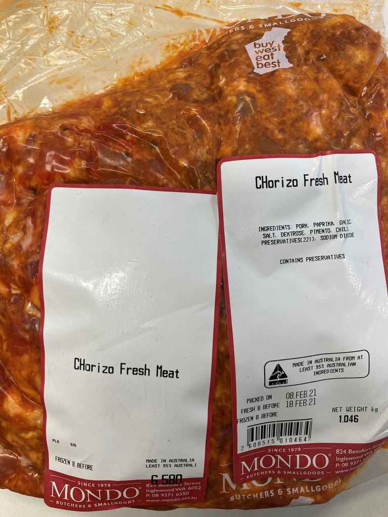 [chorizo-meat] Chorizo Sausage Meat Frozen 1kg RW approx, Priced per KG Mondo Butchers (S/L)