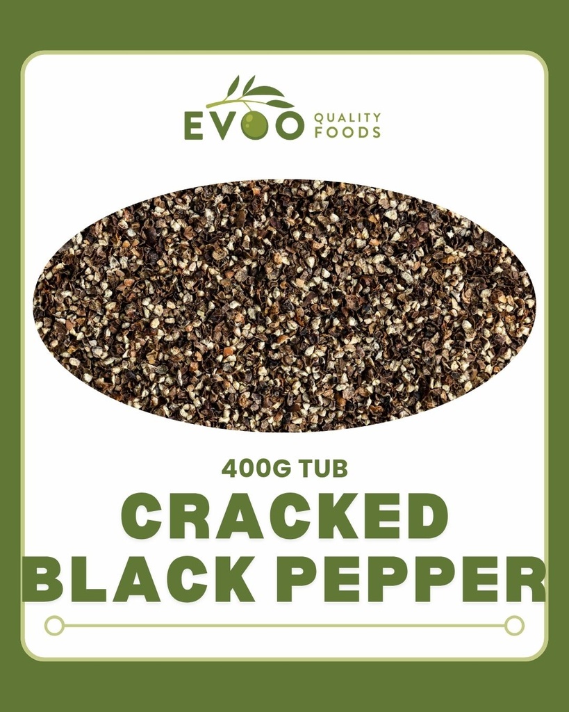 [pepper-crackB400] Cracked Black Pepper 400g Tub Evoo QF