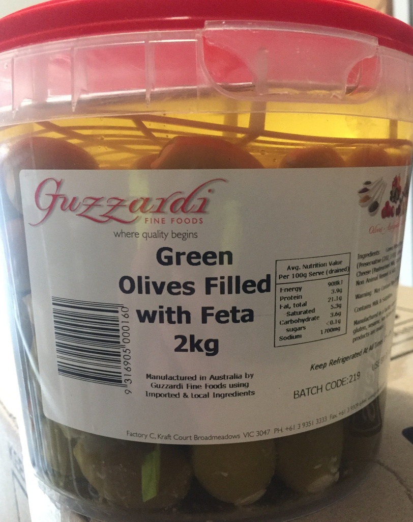 [olivefill-feta] Green Olives Filled with Feta Cheese in Brine 2kg Tub