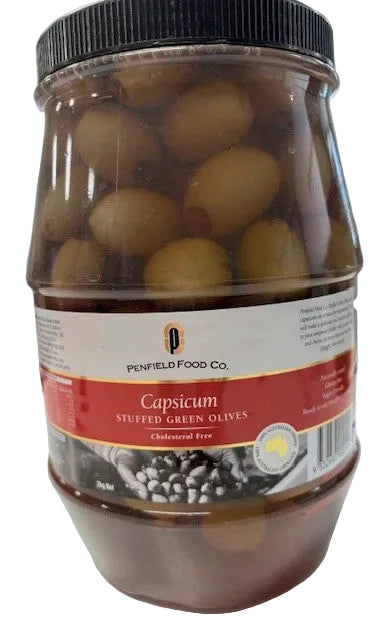 Green Olives Stuffed w/ Capsicum 2kg Tub Penfield Olives