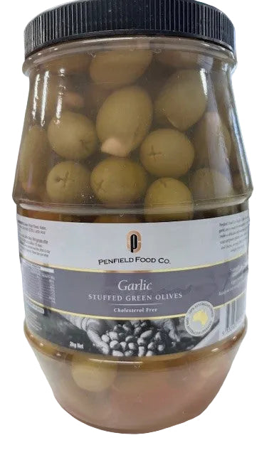 [olive-garlic2kg] Green Olives Stuffed w/ Garlic 2kg Tub Penfield Olives