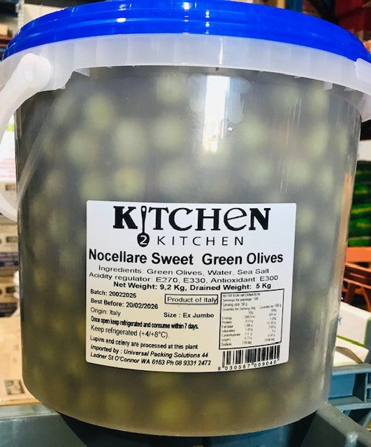 Green WHOLE Sicilian "Nocellare" Sweet Olives 9.2kg (NDW5kg) Tub