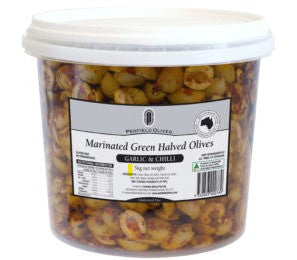 [olives-halved5kg] Olives Marinated Green HALVED 5kg Tub Penfields Olives