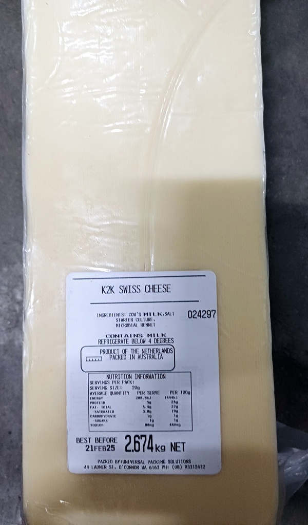 Swiss Cheese Block 2.7kg RW approx, Priced per Kg K2K